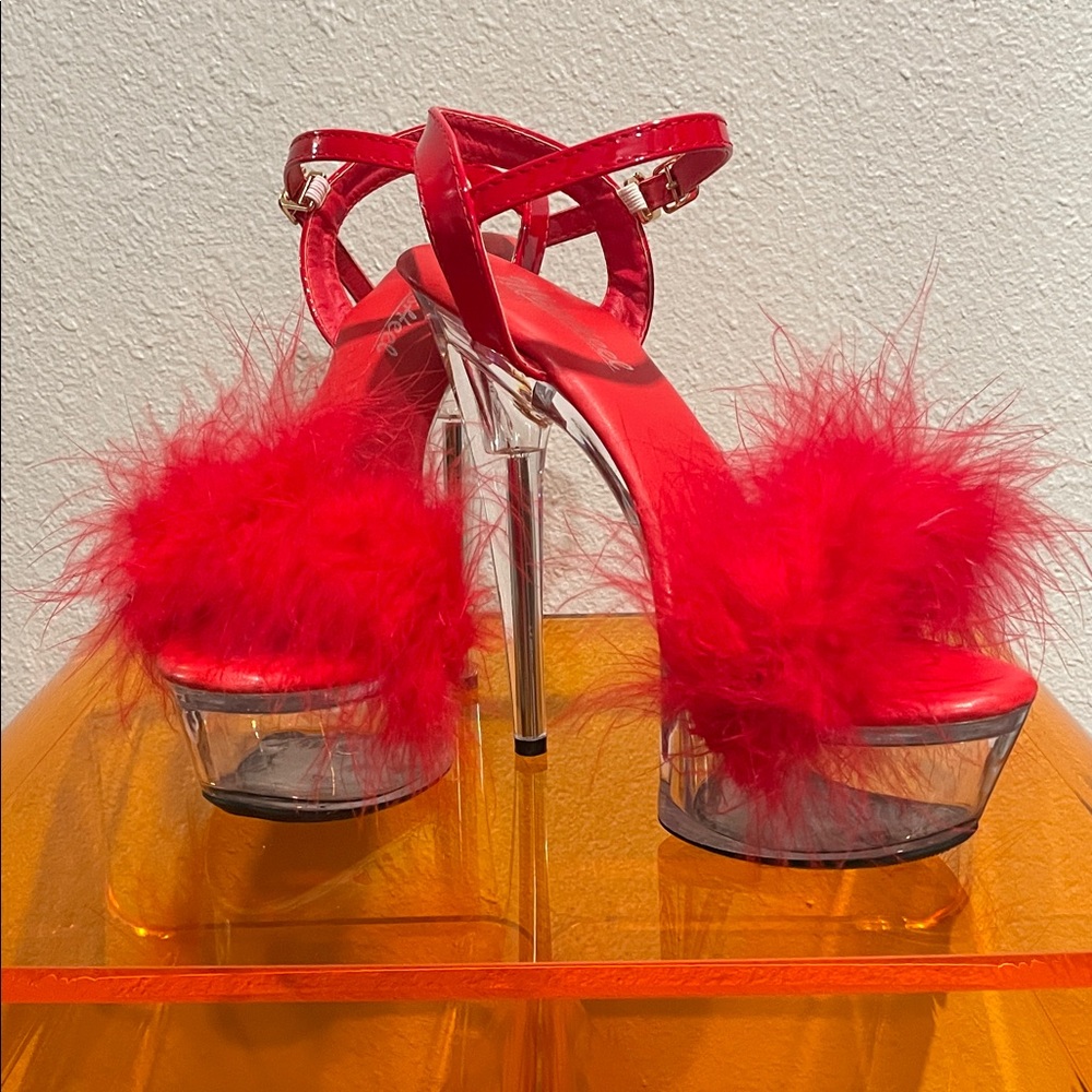 Red Feathered Strappy Platform Stiletto
